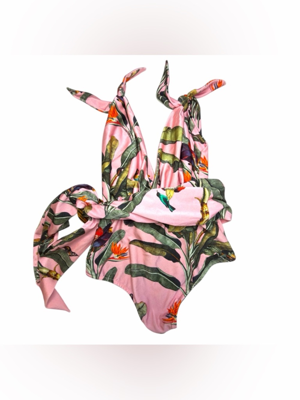 PatBO Pink Tropical Floral One Piece Swimsuit Belted Resortwear Halter Size L - Picture 4 of 4